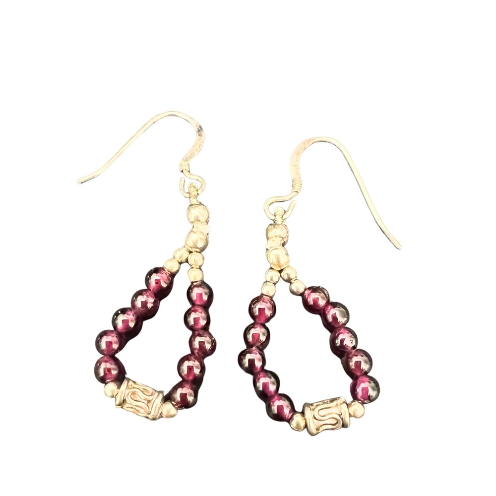 Handcrafted Garnet Burgundy Bead Teardrop Dangle Earrings Gold Tone French Hook